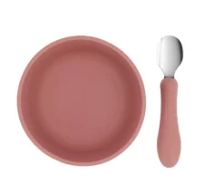 Pack Baby Meal Babero Silicona Dinos World + Bol Silicona y Cuchara Acero Brick Blush