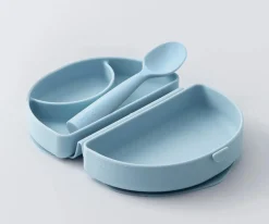 Set de Plato y Cuchara de Silicona Plegable Azul